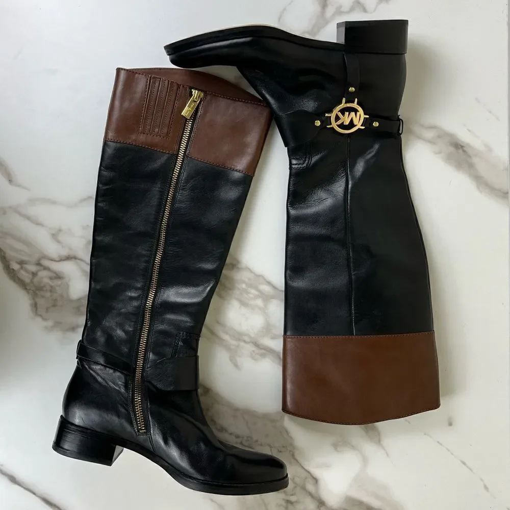 Michael Kors Women Size 6.5 Fulton Harness Two Tone Leather Riding Boots